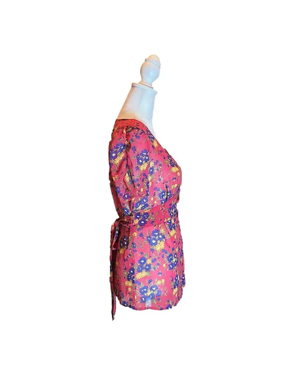 FOREVER 21 Adorable Pink Floral Print Button Up Sheer Blouse w/ Tie Back Size S - Picture 6 of 8